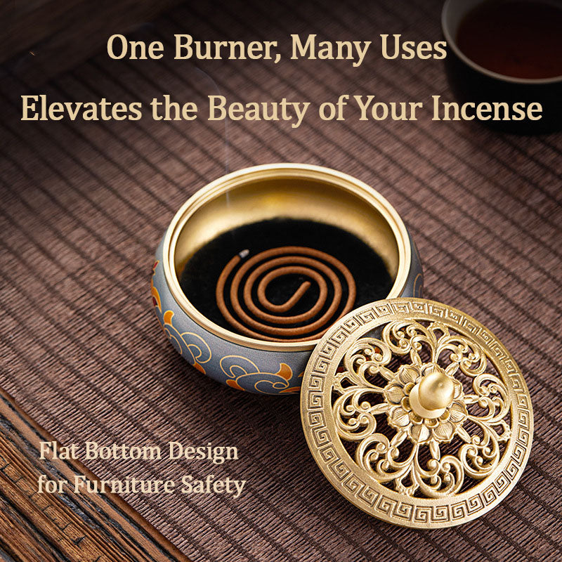 Hand-Painted Golden Lotus Brass Incense Burner