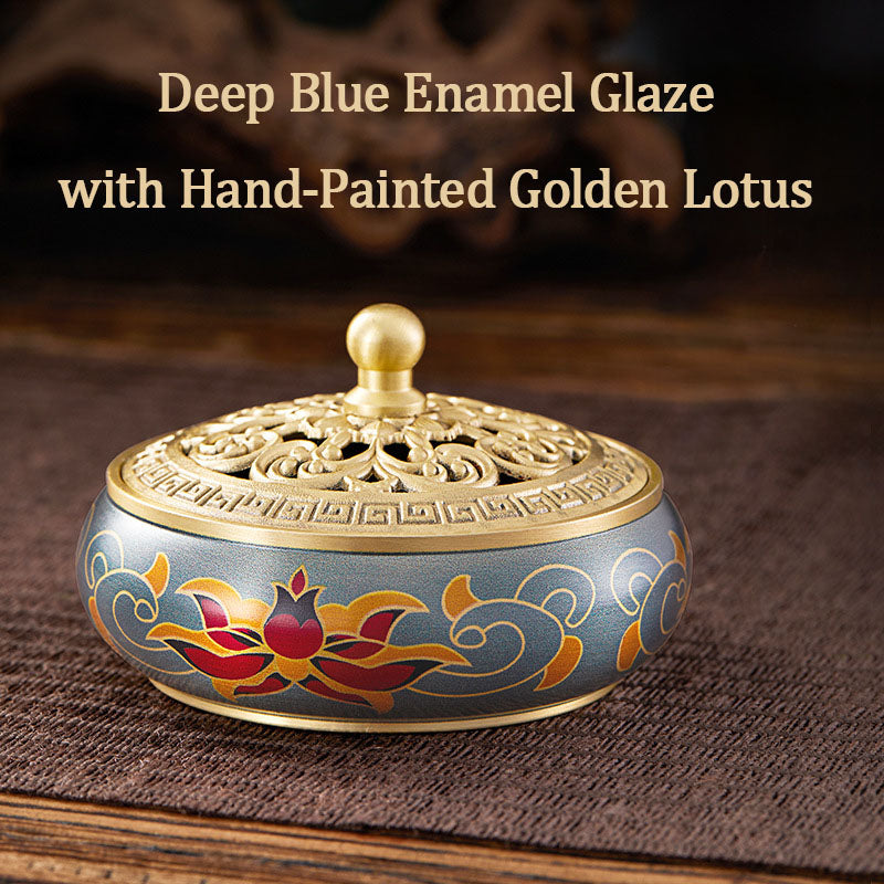 Hand-Painted Golden Lotus Brass Incense Burner
